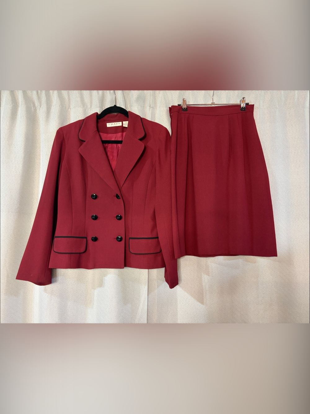 Vintage Chaus Deep Red Double-Breasted Blazer & Skirt Set with Black Trim